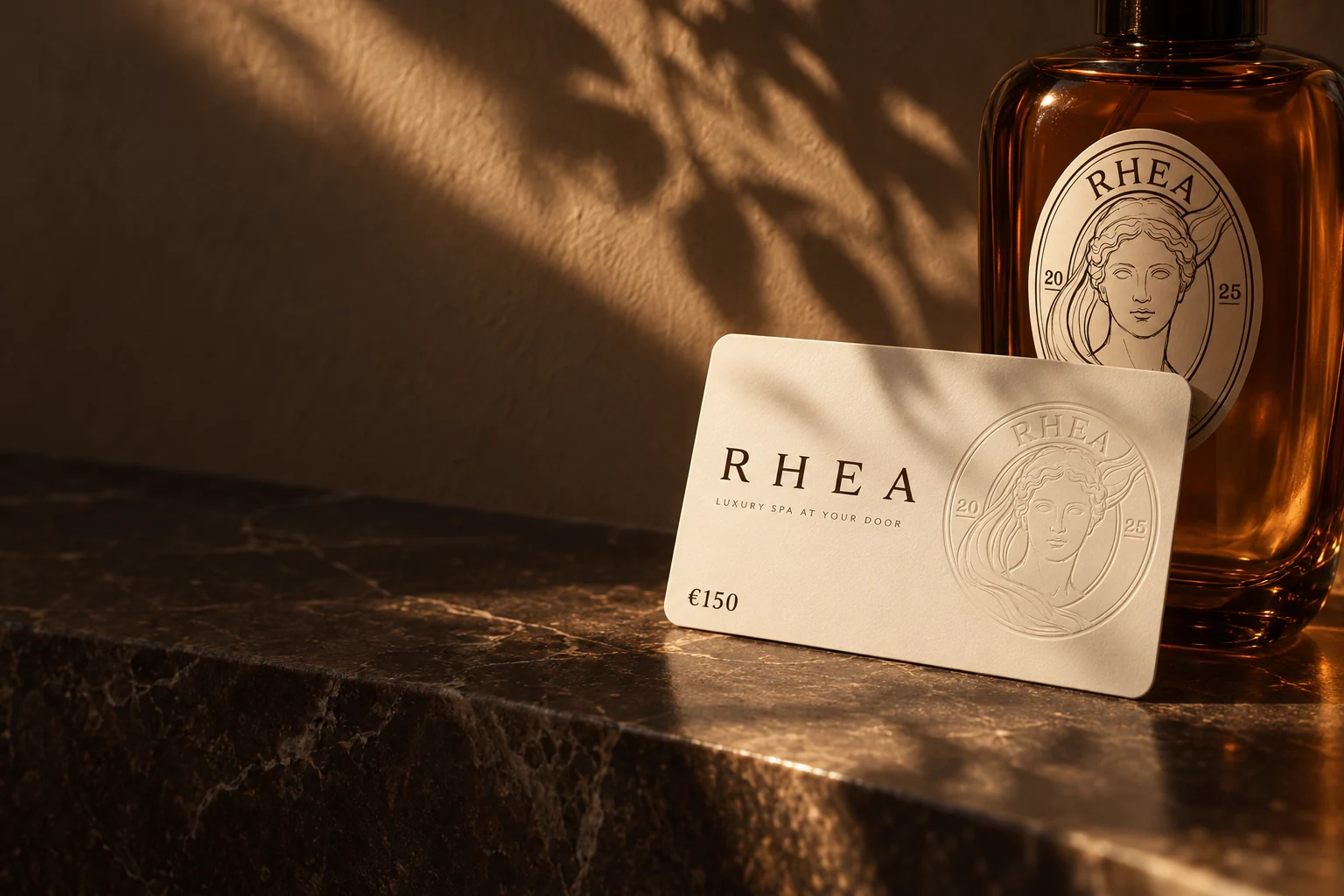 Cartões presente RHEA: cartão, envelope e postal sobre pedra